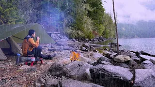 Solo Camping with my Dog | Calm Lake | Rain | Campfire | ASMR