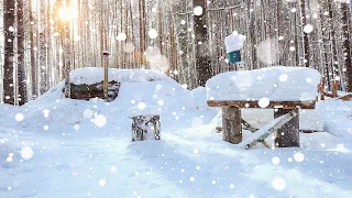 Winter shelter in the wild forest. +30 °C inside. Cooked dinner on the stove. Building a kitchen.