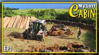 My Last DIY Cabin #1 | Excavator, Concrete Pillars and Cedar Beams | Building a Cabin on a Hill