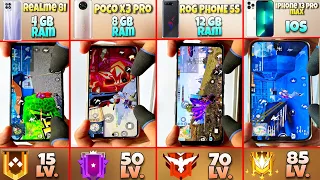 Noob to pro journey all mobile ram 4gb 8gb 12gb and iOS with 3 finger handcam garena free fire