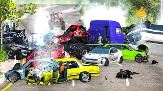 MASSIVE SPIKE STRIP PILE UP CRASHES #9 - BeamNG Drive | CRASHdriven