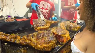 Tons of Brontosaurus Steaks on Grill, Juicy Brikset, Pig ears & more. Valencia Street Food, Spain