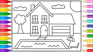 How to Draw a House with a Fun Swimming Pool ❤️💜💚💙vHouse with a Pool Drawing and Coloring Page