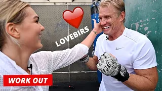 Dolph Lundgren Kicks Ass With 38 Years Younger Girlfriend, Emma Krokdal at GOLD'S GYM in Venice