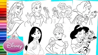 Disney Princess Compilation Ariel Cinderella Jasmine Mulan Belle and More - Coloring Pages for kids