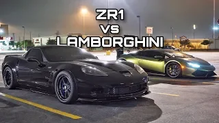 Twin Turbo Lambo vs Corvette ZR1 vs GT-R vs Boosted Mustang on the STREET!!!
