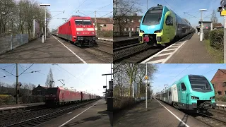 Bahnverkehr in Ibbenbüren mit Br 101 + Intercity, Westfalenbahn KISS, Güterzug und Eurobahn FLIRT 3