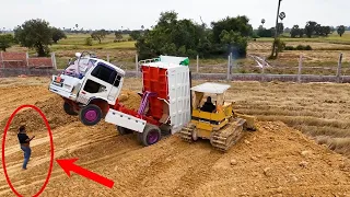 Incredible!!Dump Truck 5Ton Fly Head Back Unloading Stucked  Heavy Helping Recovery By Dozer D21P
