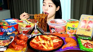 ASMR MUKBANG| Convenience store! Fire spicy Tteokbokki, Black bean noodles, Chicken, Kimbap, Pizza.
