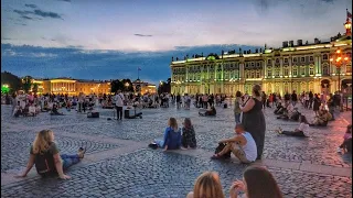 Part 4] Walking tour St. Petersburg RUSSIA - Evening Palace Square, Street musicians