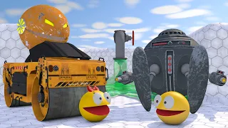 Pacman vs Road Roller Robot & Sphere Bot in Acid Maze