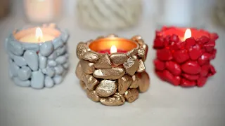 DIY STONE/PEBBLE CANDLE HOLDERS AT HOME|QUICK EASY CHEAP HOME DECOR IDEAS 2022|DOLLAR TREE|GOLD RED