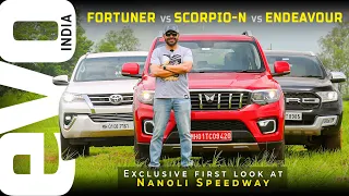 2022 Mahindra Scorpio N vs Fortuner vs Endeavour SUV test | Nanoli Speedway first look | evo India