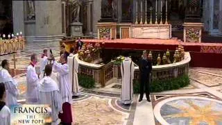 Pope Francis visiting the tomb of St. Peter. He will venerate the tomb.