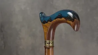 Unique Epoxy Resin Mountain Inlay Wooden Walking Cane or Stick   Derby Head