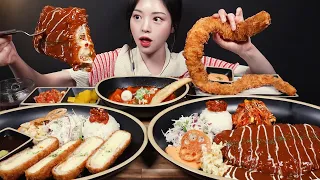 SUB)Pizza Cheese Pork Cutlet Mukbang Asmr with Tteokbokki, and Huge Fried Squid