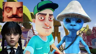 Hello Neighbor - My New Neighbor Player MrBeast Wednesday Addams Blue Smurf Cat Gameplay Walkthrough