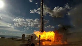 Close up view of a liquid rocket hard start and pad fire (ERAU)