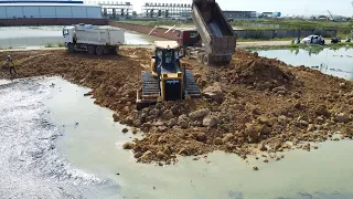 Start Opening New Project !! Team Work! Operator Skill, Dozer SHANTUI Push the soil into the water