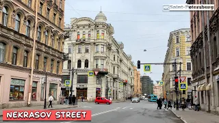 Walking tour in 4K along Nekrasov Street in the center of St  Petersburg