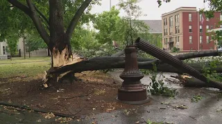 Strong storms leave damage in downtown Indianapolis