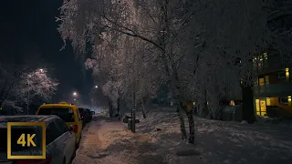 Snowy Night Walk // 4K HDR in Stockholm Suburb, Sweden, Binaural Sounds ASMR