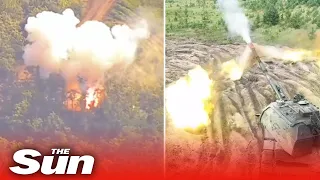 Russian armoured tanks blast Ukrainian positions