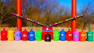 Water Slide Experiment: Giant Top Soda Bottles, Coca Cola and Mentos in the Big Barrel