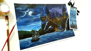 Hogwarts castle, Harry potter / Moonlight landscape / Time-lapse - painted with acrylics