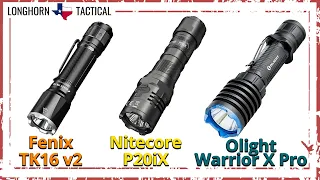 TRIPLE BREAKDOWN Tactical Flashlights - Nitecore P20iX - Fenix TK16v2 - Olight Warrior X Pro