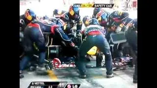 Vettel's pit stop front wing change during safety car F1 Abu Dhabi 2012