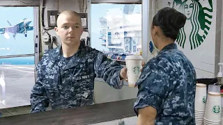 US Sailors Queue For Starbucks Coffee Inside $13 Billion Aircraft Carrier at Sea