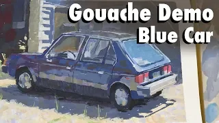 Experimenting with technique, form and color | Blue Car Gouache Sketch