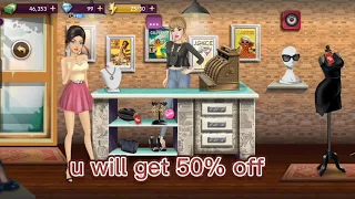 Hollywood story game, how to get 50% off in dresses in every shop
