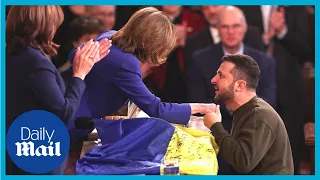 Zelensky gifts Ukrainian flag to Nancy Pelosi and Kamala Harris at U.S. Congress