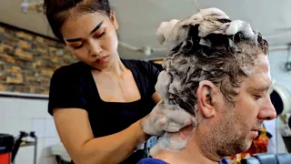 PERFECT HEAD MASSAGE to PUT YOU TO SLEEP! (Hair Wash SHAMPOO OVERLOAD, Lady Barber) Phnom Penh 🇰🇭