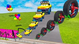 Big & Small Monowheel with Spiderman vs Monter Truck Mcqueen vs Monster Train - BeamNG.drive