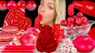 ASMR RED FOODS, SWEDISH BERRIES, EDIBLE ROSES, HI CHEW, ISOMALT LOLLIPOP, RASPBERRY JELLO MUKBANG 먹방