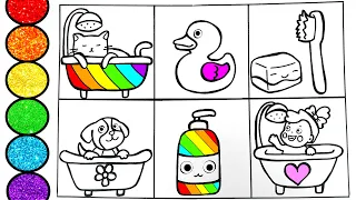 Learn How to draw  Hygiene Habits- Cat Dog and a baby are Taking a bath- Glitter art for kids