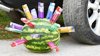 EXPERIMENT CAR vs WATERMELON LIGHTERS Crushing Crunchy & Soft Things by Car!