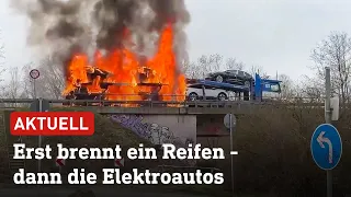 A49: Auto-Transporter fängt Feuer - Vollsperrung | hessenschau