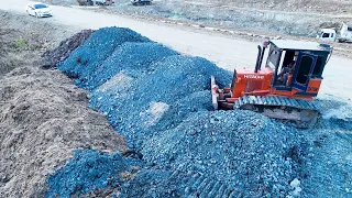 Nice New Working!! Red Bulldozer Pushing Gravel And Soil Filling a Land With 25T Dump Trucks