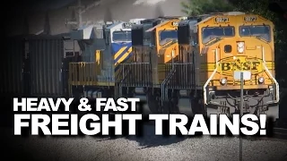 Heavy and Fast Freight Trains Barrel Along Busy Railroad!