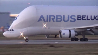 AIRBUS BELUGA landing in colorful Dusk at Airbus Plant Hamburg