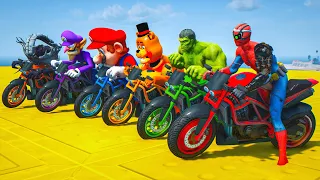 SUPERHERO Competition Challenge | Spiderman, Hulk & Fnaf Motorbike Jump over the Ocean #601