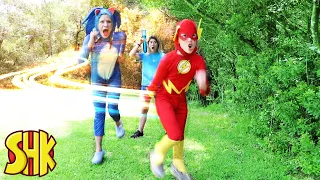 SUPER SPEED RACE CHALLENGE turns The Flash vs Sonic The Hedgehog! SuperHeroKids Funny Family Videos