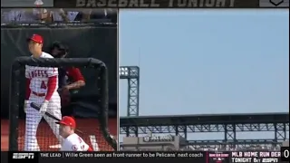 Shohei Ohtani sends a baseball back to LA In batting practice 510 feet