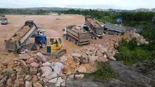 Part.69| Best Technique Of Komatsu Dozers Process Filling Up Land With Dump Trucks Team On Big Pro,,