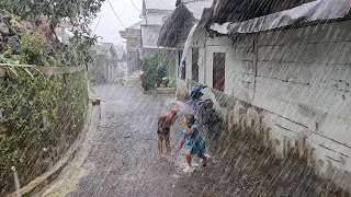 Walking in super heavy rain for 3 hours, heavy rain in a beautiful Indonesian village, for sleeping