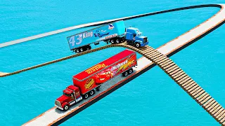 Mack Truck vs King Dinoco Truck vs Impossible Wave and Log Wave Bridge Vs Deep Water - BeamNG.Drive